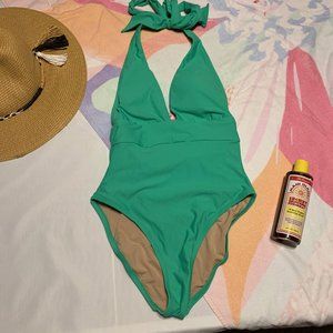 J Crew Plunging Green one piece Halter Swimsuit